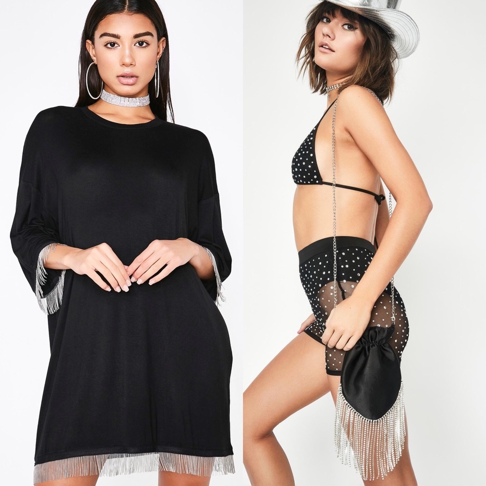 Fringe T-shirt dress & fringe clutch crossbody bag